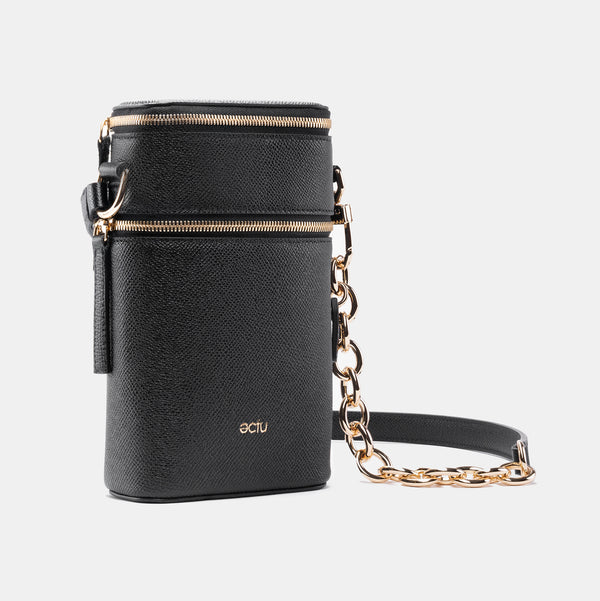 Veda Double Zipper Italian Leather Crossbody in Black