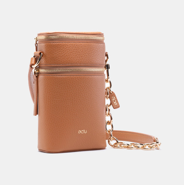 Veda Double Zipper Italian Leather Crossbody in Camel