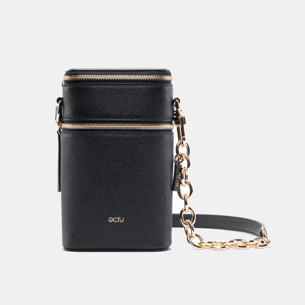 Veda Double Zipper Italian Leather Crossbody in Black