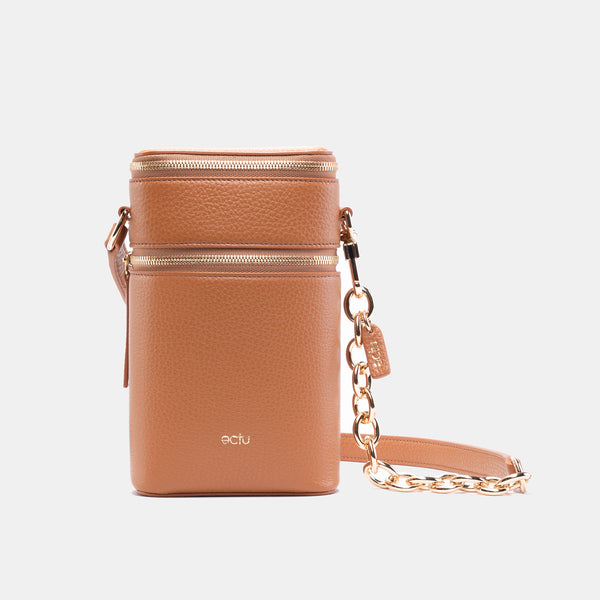 Veda Double Zipper Italian Leather Crossbody in Camel