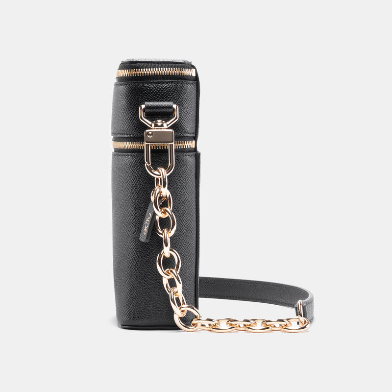 Veda Double Zipper Italian Leather Crossbody in Black