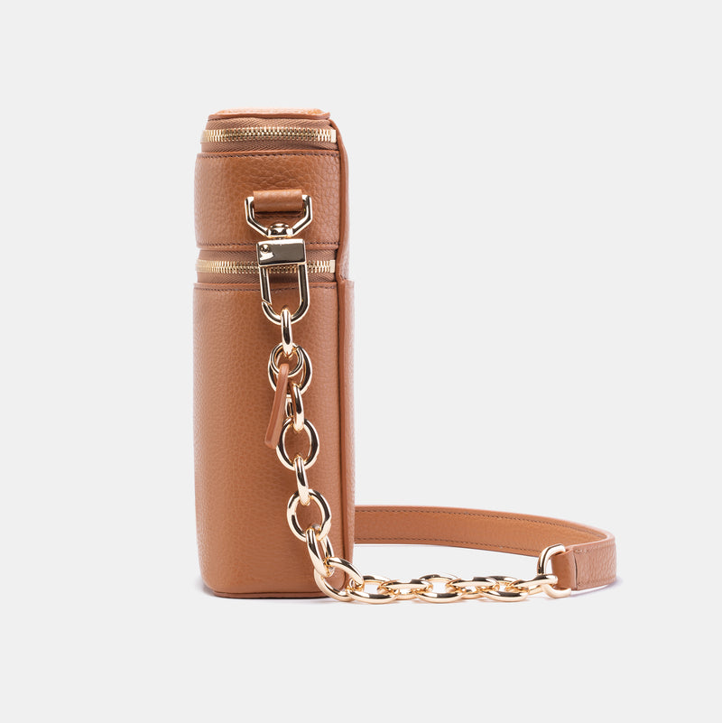 Veda Double Zipper Italian Leather Crossbody in Camel